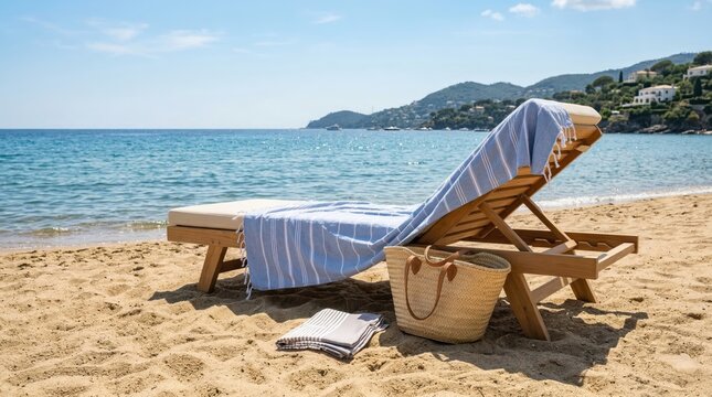 Sdraio di legno con asciugamano a righe sulla spiaggia sabbiosa. Generative AI