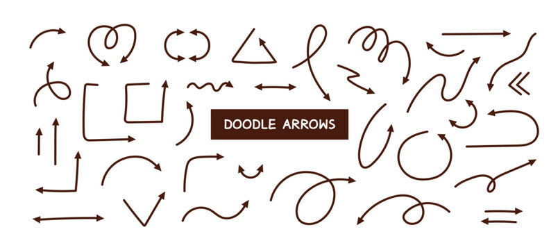 Handdrawn vector arrow set with doodle lines, loops, and playful squiggles. Sketch style design perfect for notes, pointers, and decorative elements.