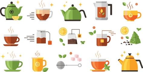 Vector Illustration Set of Tea Time Elements Including Teapots Cups Tea Bags Green Tea and Lemon Slices Isolated on White © sojibislam