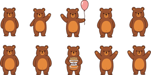 Fototapeta premium Cute Cartoon Brown Bear Character Set with Different Poses Holding Balloon, Honey Jar, Waving and Standing Woodland Animal Vector Illustration Collection