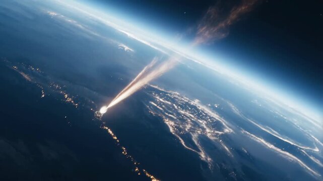 Rocket ballistic reentry with fiery trail through dark space featuring cinematic, video, missile with launch and explosion elements for fire, flame
