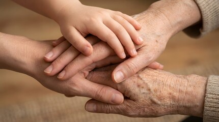 Fototapeta premium Closeup of a young and an elderly person holding hands together on a wooden surface