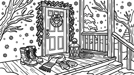 Fototapeta premium Black and white line art winter porch with boots scarf mittens wreath lantern and snow falling outside window and trees