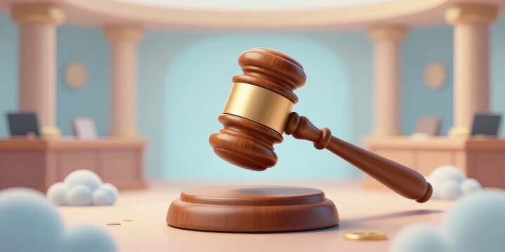 A gavel hovers above its wooden block in a courtroom with scattered papers.