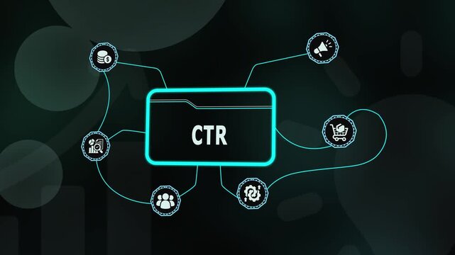 CTR optimization and digital marketing performance analytics with click through rate and user engagement icons for web advertising success.