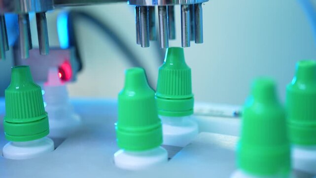 eye drop manufacturing. Ophthalmic drops solution, eye ear drop making process in factory. eye drop medicine in plastic bottles on conveyor belt. production of medical drops in a pharmaceutical line
