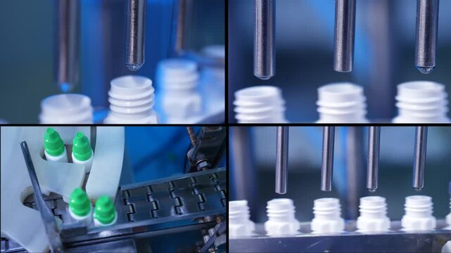 eye drop manufacturing. Ophthalmic drops solution, eye ear drop making process in factory. eye drop medicine in plastic bottles on conveyor belt. production of medical drops in a pharmaceutical line