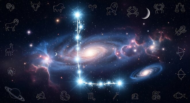 Celestial L letter constellation shines brightly in a distant galaxy.