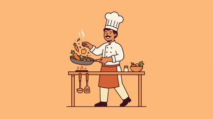 Chef cooking food in a pan with vegetables and ingredients.