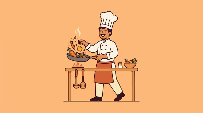 Chef cooking food in a pan with vegetables and ingredients.