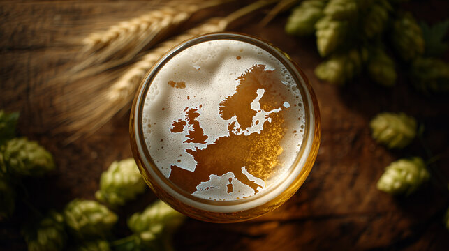 A glass of beer with foam on which the map of Europe is visible. There are hop cones and wheat ears all around. Warm light.