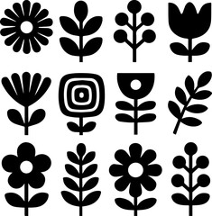 Minimalist Scandinavian Floral Vector Icons, Black Silhouette Folk Art Flowers and Leaves Set © Kajonbai
