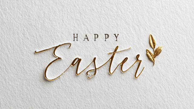 Easter card. Golden text of "Happy Easter" on a white background.