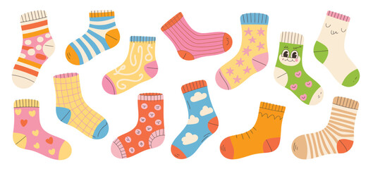 Cartoon socks vector set, featuring cotton wool socks with decorative patterns, unisex seasonal footwear for home, outfit details, and leg accessories in playful vector illustrations.