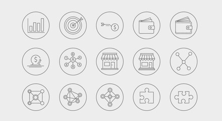 Fototapeta premium Collection of business, marketing, and analytics outline icons on a solid light grey background, representing strategy and growth.