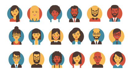 Fototapeta premium Collection of diverse flat design round avatars for male and female users, depicting different ages and ethnicities, suitable for social media or user profiles, isolated white background.