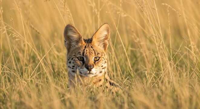 serval cat peeking through tall golden grass in a sunlit african savanna