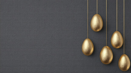 An Easter card.A garland of golden Easter eggs on a gray background.
