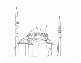 Clean modern line art mosque illustration, elegant mosque, majestic minimalist vector style Sultanahmet Blue Mosque stands as an iconic Ottoman landmark in Istanbul, Turkey, featuring large domes and 