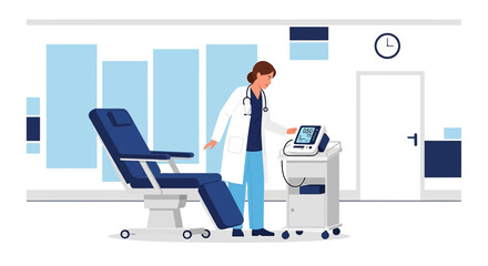 Fototapeta premium Doctor operating medical equipment in clinic room with examination chair