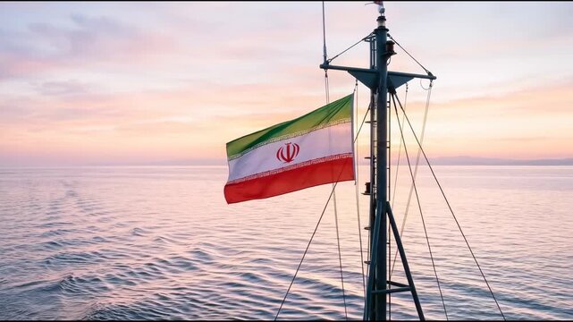 Flag Iranian waving on ship mast over calm sea at sunset with colorful sky featuring green, white, red with symbol and Iran elements for national,