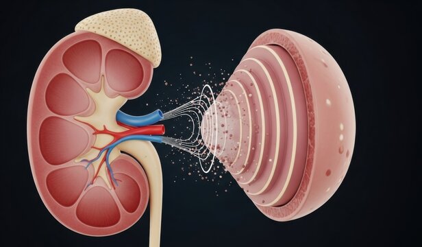 Human Kidney Anatomy Cross-Section Showing Extracorporeal Shock Wave Lithotripsy for Medical Education and Urology Treatment