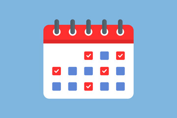 Stylized calendar icon with checkmark. Graphic, flat style on White Background. Vector Illustration