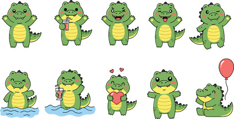 Fototapeta premium Cute Cartoon Crocodile Character Set with Different Poses Holding Heart Balloon Drink and Swimming Adorable Alligator Vector Illustration Collection