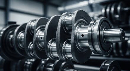 Fototapeta premium Close-up of polished steel crankshaft in industrial setting, precision engineering, automotive engine part, mechanical components, workshop background