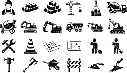 Black and White Construction Icon Set Featuring Heavy Machinery Workers Tools Excavators Cranes Concrete Mixers Blueprints  © sohag babu 