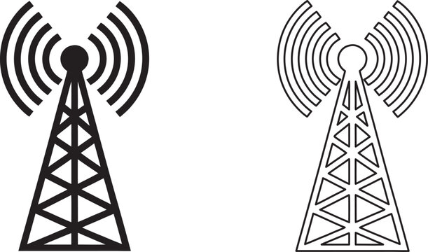 signal transmission tower vector silhouette. Wireless Broadcast Antenna with Signal Waves in Outline and Solid Vector icon line act 