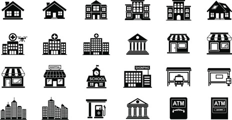 Obraz premium Black and White Urban Infrastructure Icon Set Featuring Residential Houses Hospitals Schools Shopping Malls Banks Gas Stations and Public Transport Symbols in Minimalist Vector Silhouette 