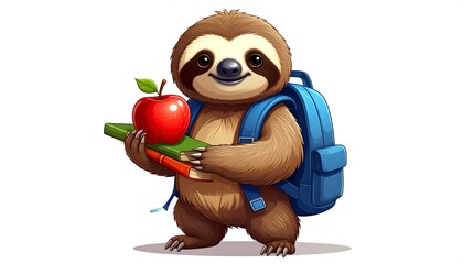 Fototapeta premium A cartoon sloth, wearing a blue backpack, holding books and a red apple, ready for school. The sloth is smiling