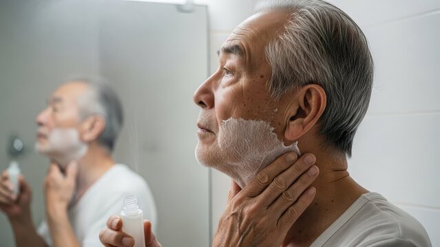 Man Shaving Face with Shaving Cream in Bathroom Mirror Reflection