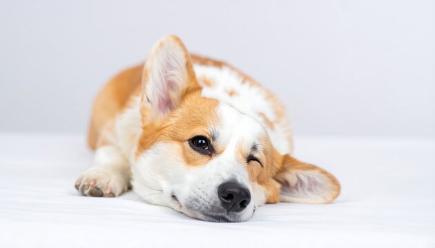 A corgy dog sprawling lay on the white background 