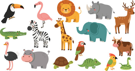 Fototapeta premium Cute Wild Safari Animal Cartoon Set with Lion Elephant Zebra Giraffe Crocodile Rhino Deer Hippo Birds and Reptiles Vector Illustration Collection