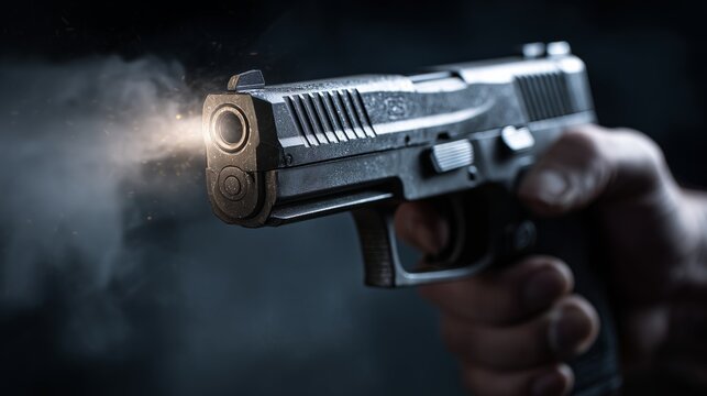 cinematic close up handgun firing in hand dramatic studio action moment