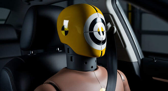 Advanced automotive crash test dummy positioned for crucial vehicle safety performance evaluation and research