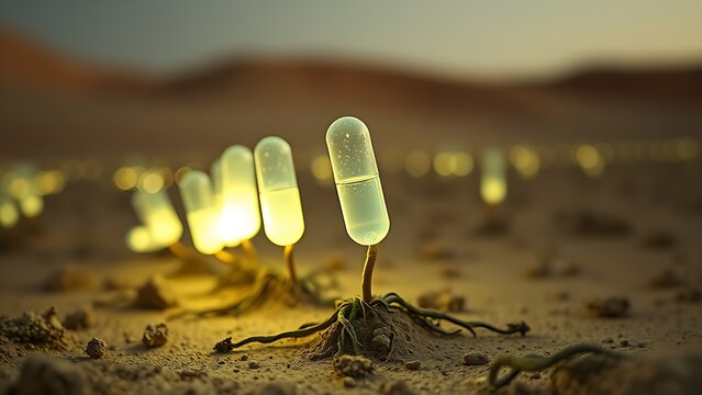 Surreal still life of glowing vitamin capsules taking root in a barren desert, blending organic and artificial.