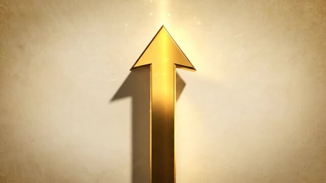 Golden upward arrow casting a shadow on textured paper background.