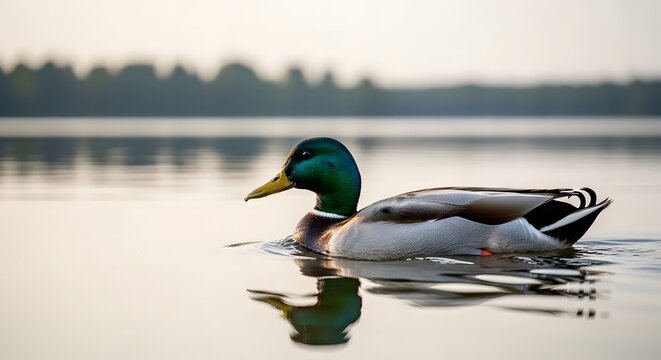 A duck swimming on a lake with trees in the background