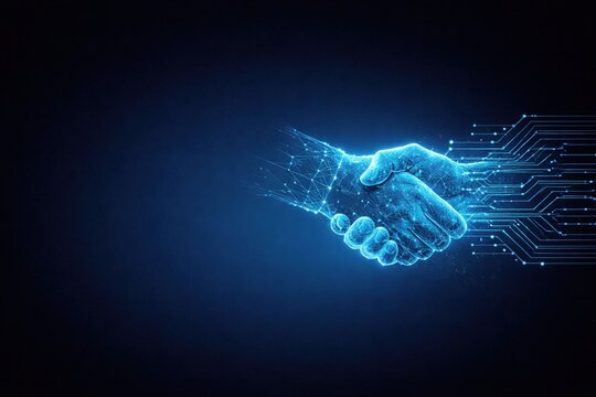 Digital human and artificial intelligence handshake representing AI collaboration and technology partnership