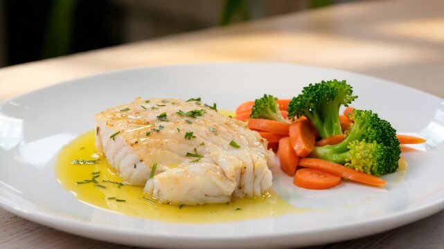 Tender white fish fillet with butter sauce served with steamed broccoli and carrot on white plate. Concept of healthy seafood cuisine, balanced diet, nutrition and gourmet meal.