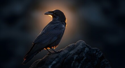 Fototapeta premium A black bird sitting on a rock in front of a light