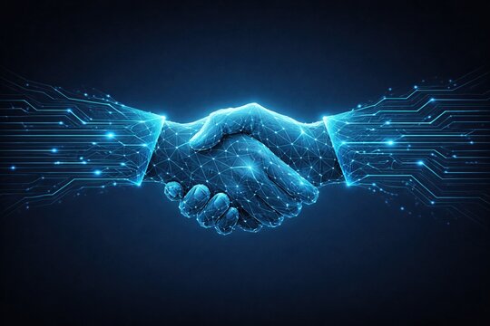 Digital human and artificial intelligence handshake representing AI collaboration and technology partnership