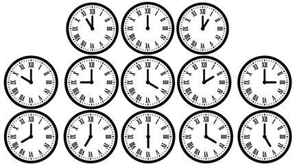 A collection of classic analog clock faces with Roman numerals. This vector set shows various times, perfect for concepts like time management, schedules, and deadlines. Minimalist.