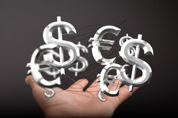 Abstract image of a hand interacting with digital currency symbols representing global finance and...