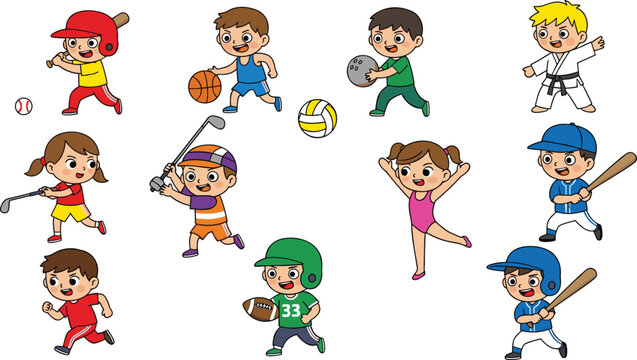 Collection of cute children characters playing various sports including baseball basketball golf karate running and gymnastics in cartoon style isolated on white