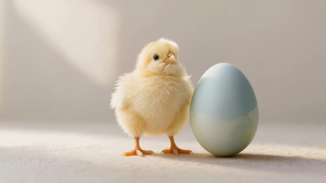 Cute fluffy yellow chick standing beside pastel colored Easter egg on soft neutral background. Concept of spring holiday, new life, seasonal celebration and gentle nature.