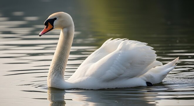 A white swan swimming on a lake with a green background